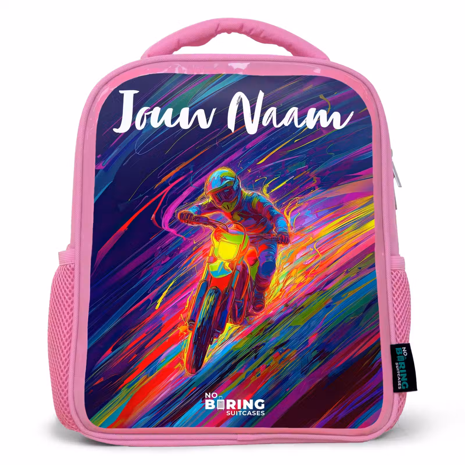 Kinderrugzak met naam - Roze - Crossmotor - Neonkleuren - Lijnen - Helm — 1