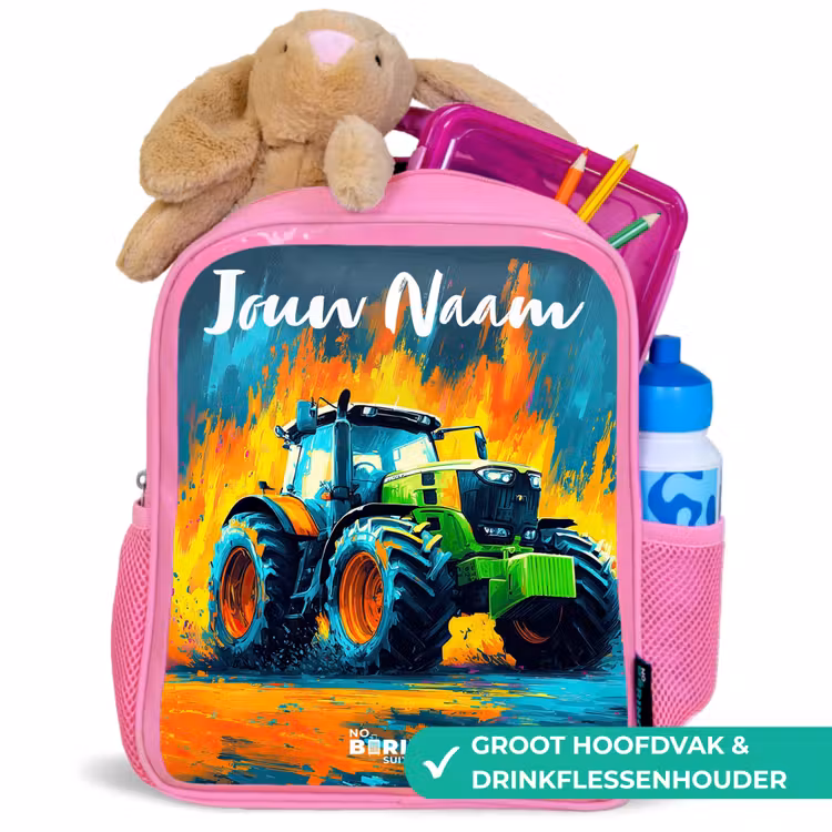 Kinderrugzak met naam - Roze - Abstract - Tractor - Groen — 2