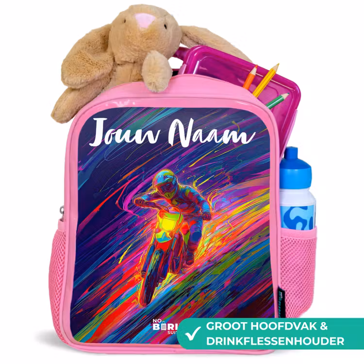 Kinderrugzak met naam - Roze - Crossmotor - Neonkleuren - Lijnen - Helm — 2