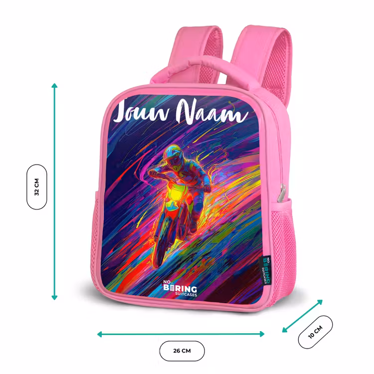Kinderrugzak met naam - Roze - Crossmotor - Neonkleuren - Lijnen - Helm — 3