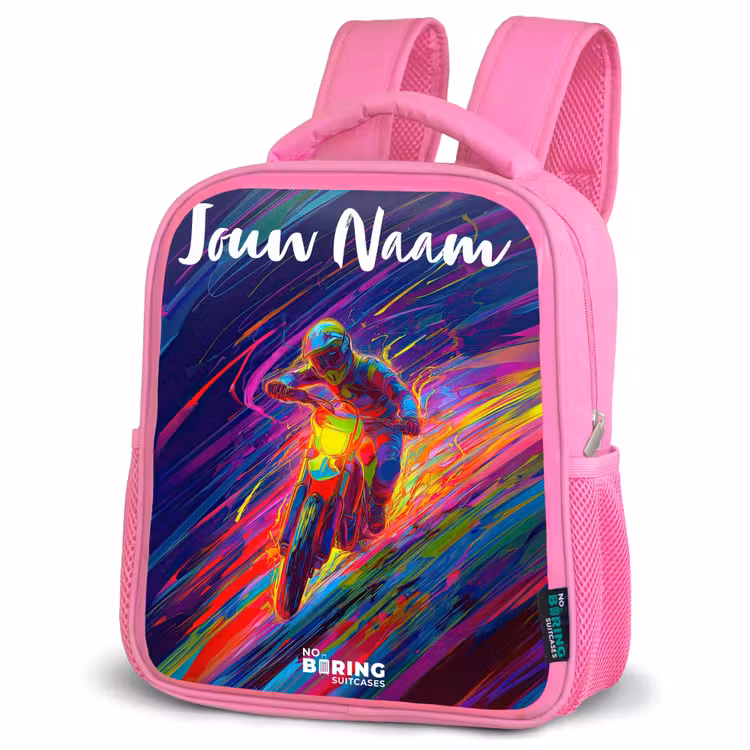 Kinderrugzak met naam - Roze - Crossmotor - Neonkleuren - Lijnen - Helm — 4