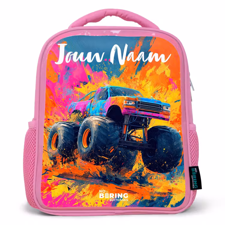 Kinderrugzak met naam - Roze - Monstertruck - Abstract - Verfspatten - Kleurrijk — 1