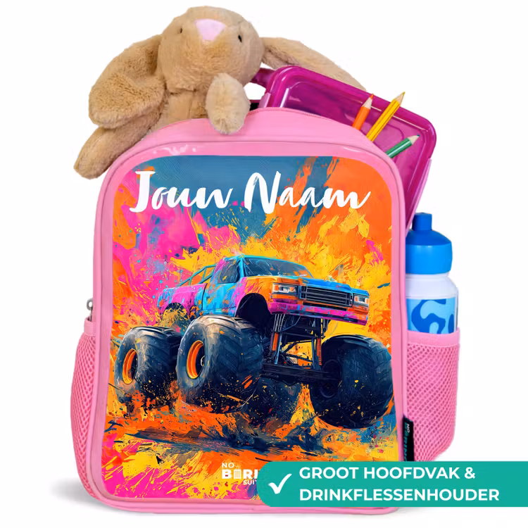Kinderrugzak met naam - Roze - Monstertruck - Abstract - Verfspatten - Kleurrijk — 2