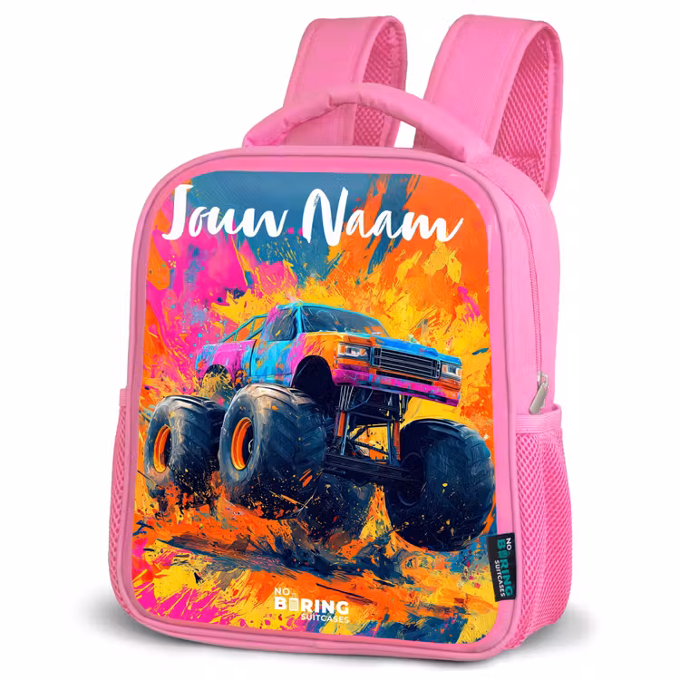 Kinderrugzak met naam - Roze - Monstertruck - Abstract - Verfspatten - Kleurrijk — 4