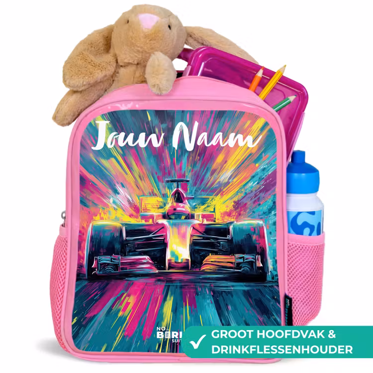 Kinderrugzak met naam - Roze - Raceauto - Abstract - Strepen - Blauw — 2
