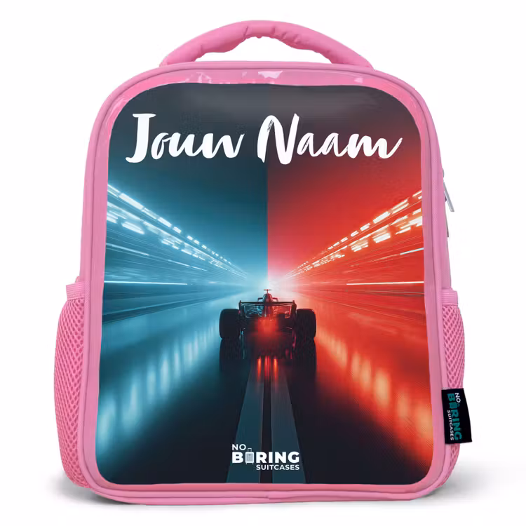 Kinderrugzak met naam - Roze - Raceauto - Verlichting - Neon - Rood — 1