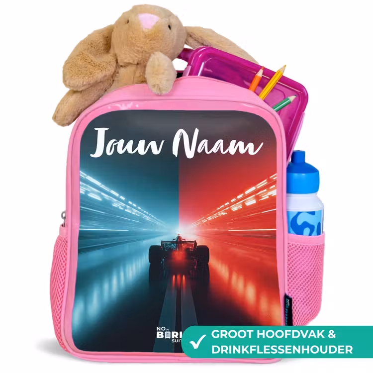 Kinderrugzak met naam - Roze - Raceauto - Verlichting - Neon - Rood — 2