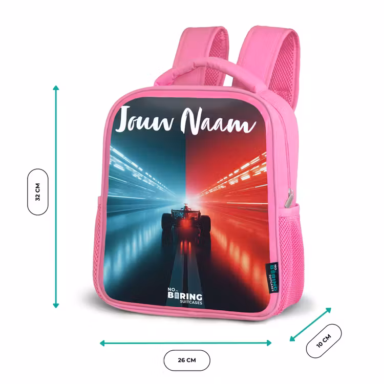 Kinderrugzak met naam - Roze - Raceauto - Verlichting - Neon - Rood — 3
