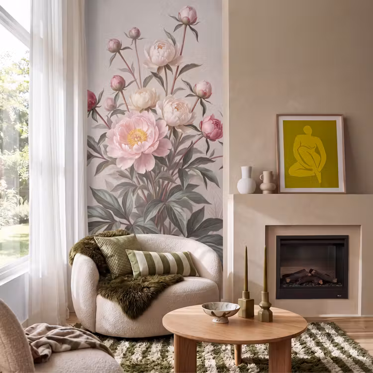 Behang - Pioenrozen - Boeket - Roze β 1