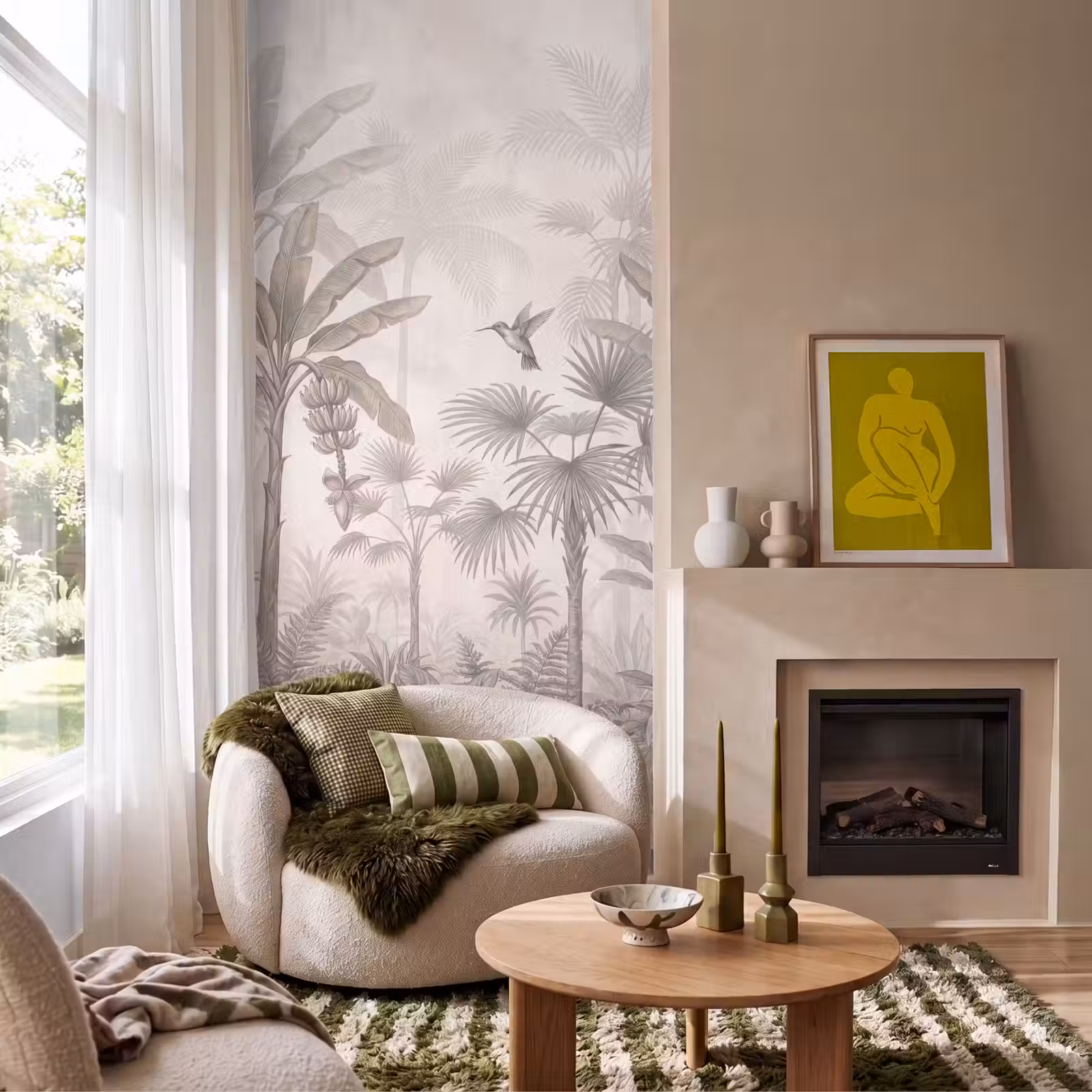 Behang - Jungle - Banenboom - Kolibrie - Beige — 1