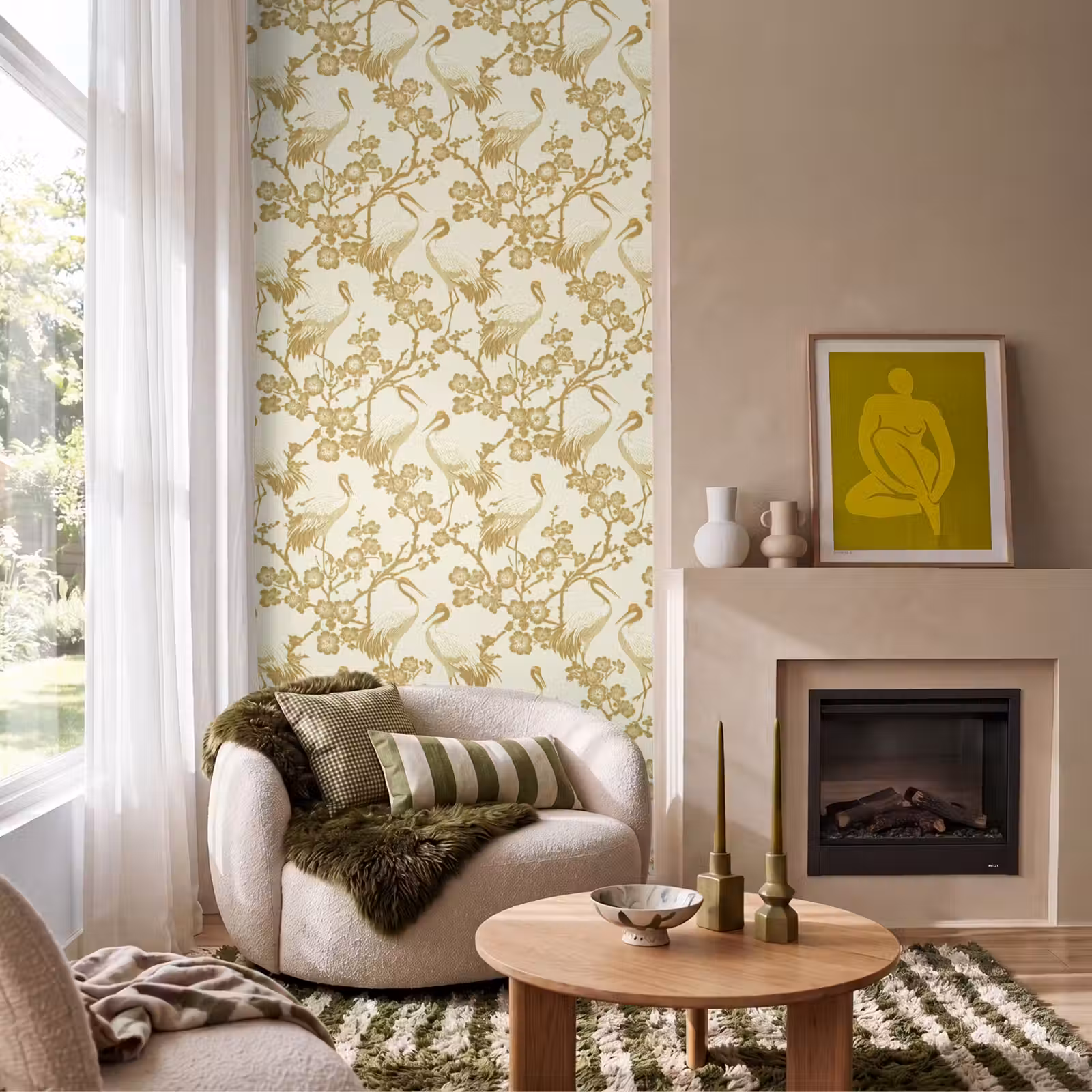 Behang - Kraanvogels - Kersenbloesem - Goud — 1
