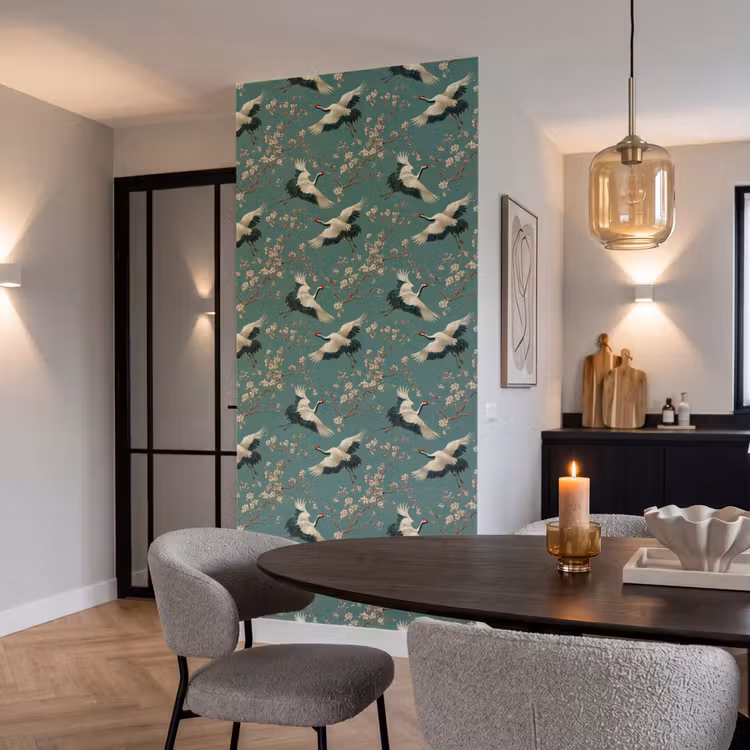 Behang - Kersenbloesem - Kraamvogels - Groen — 5