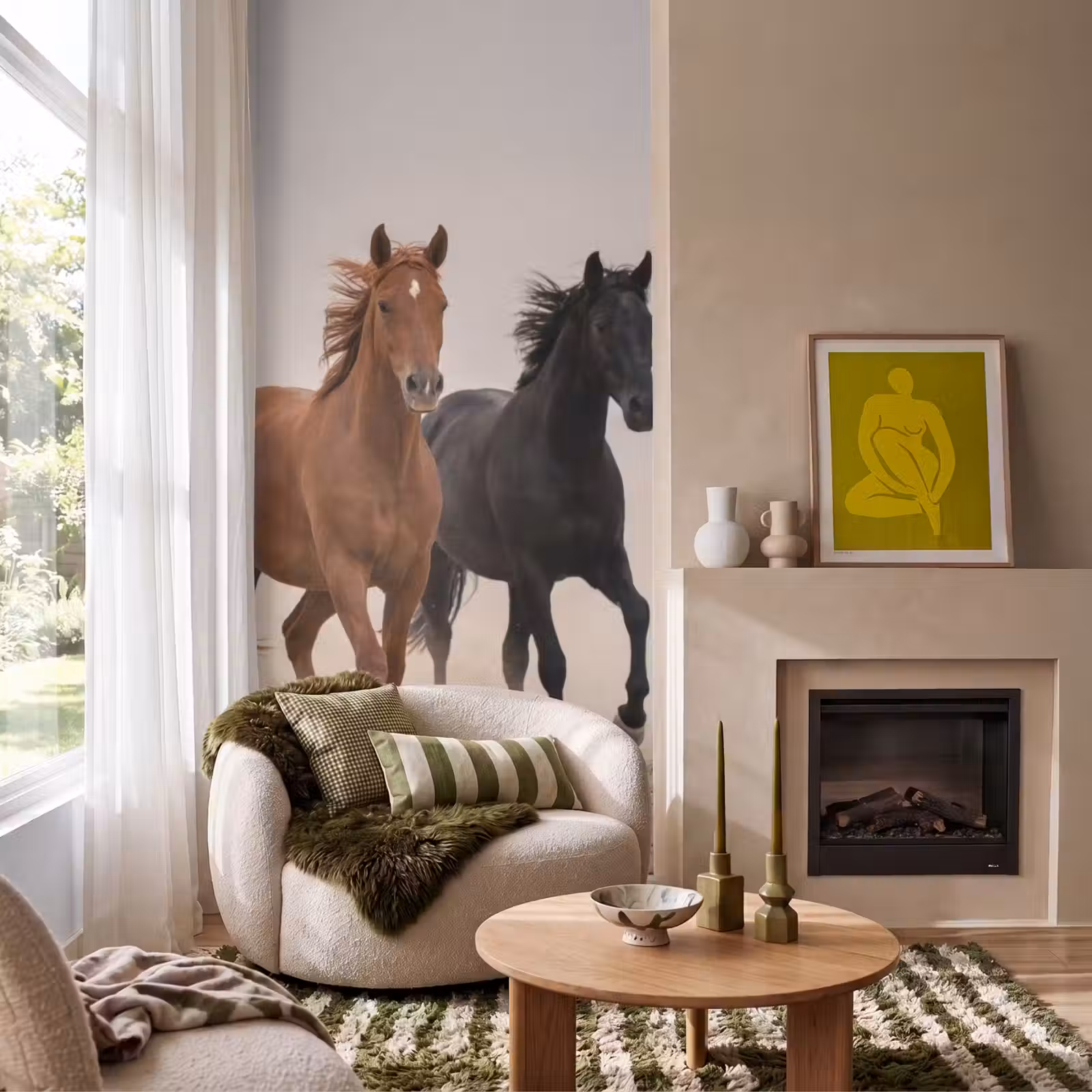 Behang - Kudde paarden - Stofwolk - Bruin - Zwart — 1