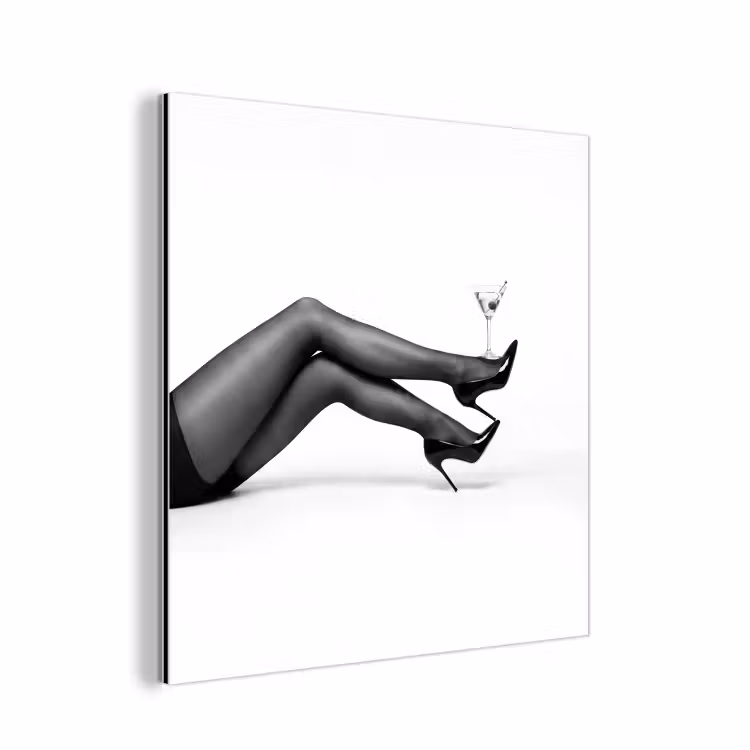 Aluminium schilderij - Benen - Hakken - Glas - Zwart - Wit - Speels — 1