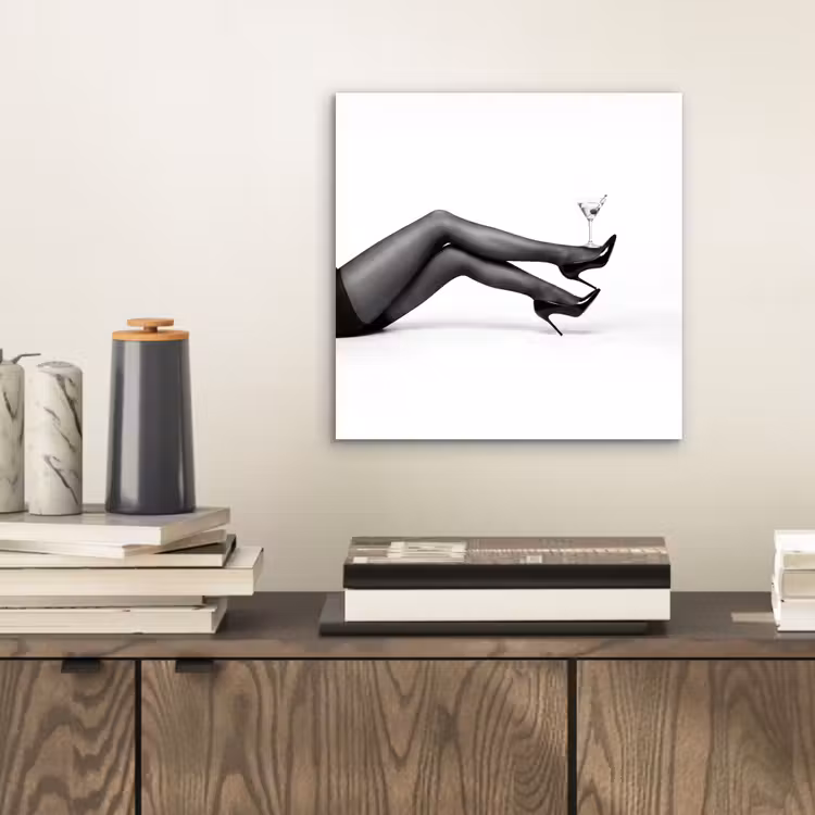 Aluminium schilderij - Benen - Hakken - Glas - Zwart - Wit - Speels — 2