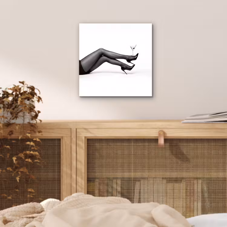 Aluminium schilderij - Benen - Hakken - Glas - Zwart - Wit - Speels — 4