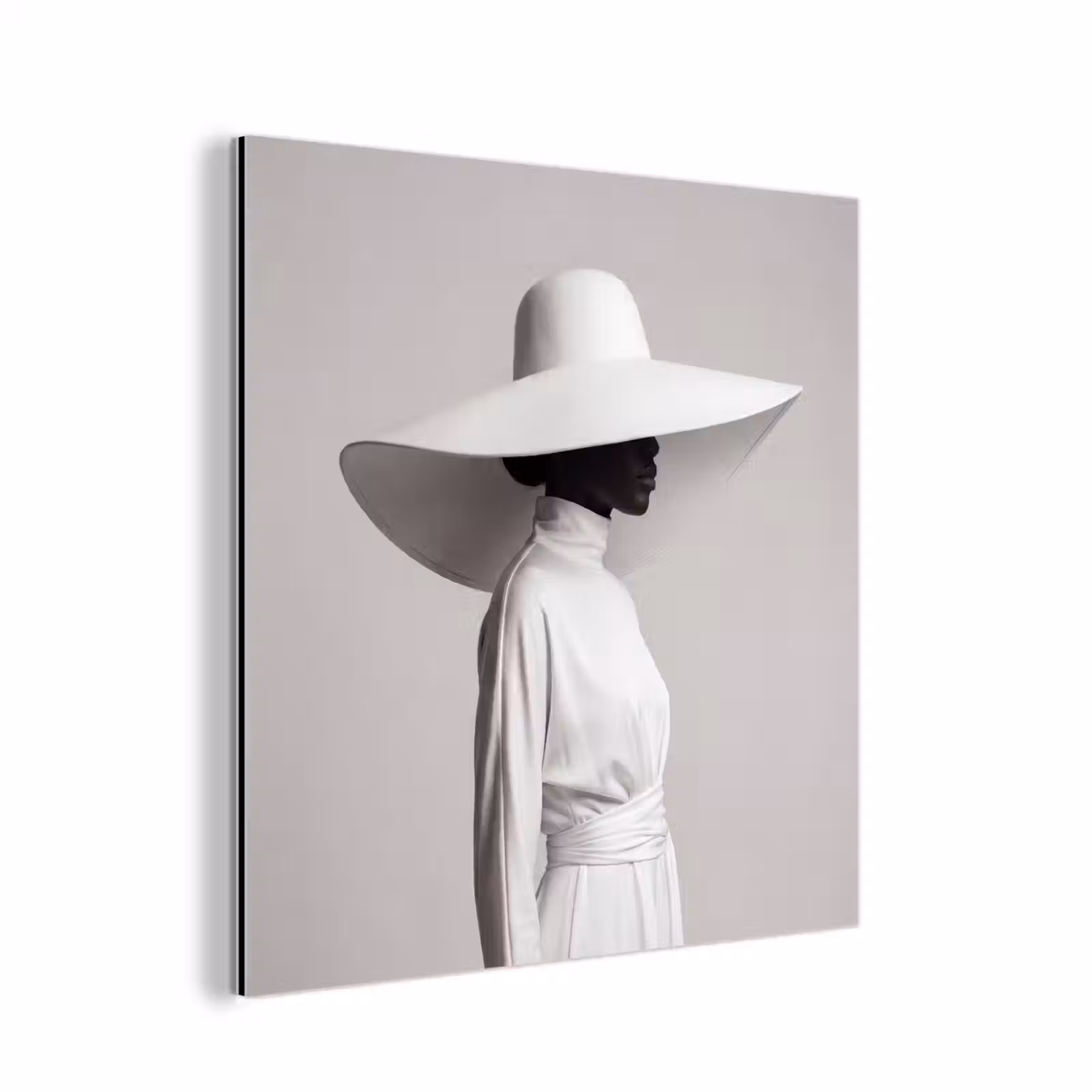 Aluminium schilderij - Vrouw - Profiel - Hoed - Zwart - Wit - Minimalistisch — 1