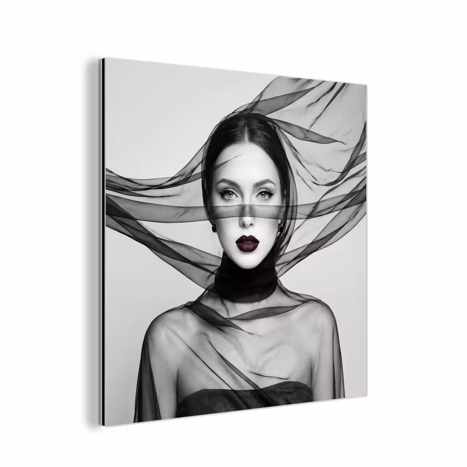 Aluminium schilderij - Vrouw - Sluier - Portret - Zwart - Wit - Elegant — 1