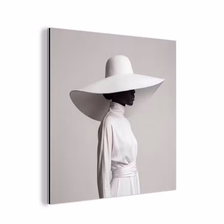Aluminium schilderij - Vrouw - Profiel - Hoed - Zwart - Wit - Minimalistisch — 1
