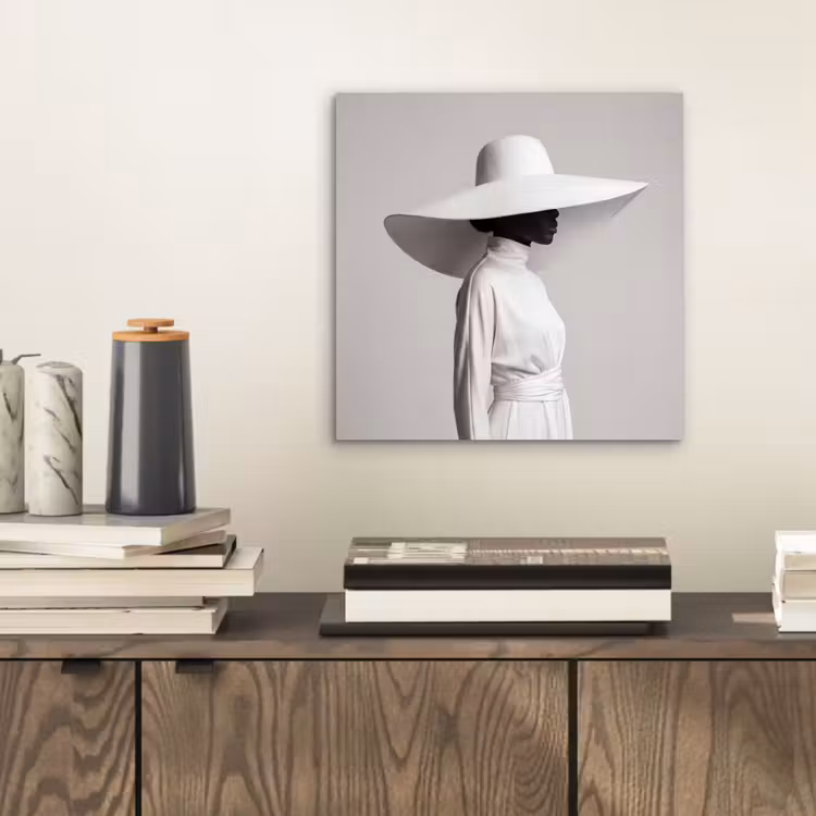 Aluminium schilderij - Vrouw - Profiel - Hoed - Zwart - Wit - Minimalistisch — 2