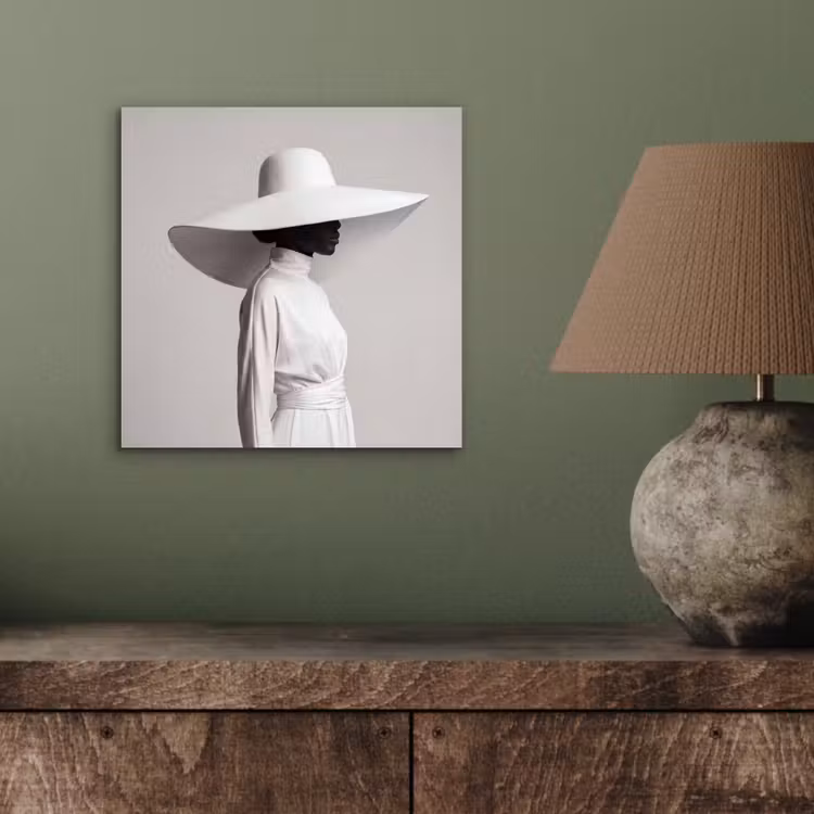 Aluminium schilderij - Vrouw - Profiel - Hoed - Zwart - Wit - Minimalistisch — 3