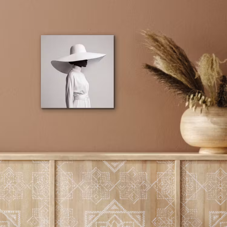 Aluminium schilderij - Vrouw - Profiel - Hoed - Zwart - Wit - Minimalistisch — 5