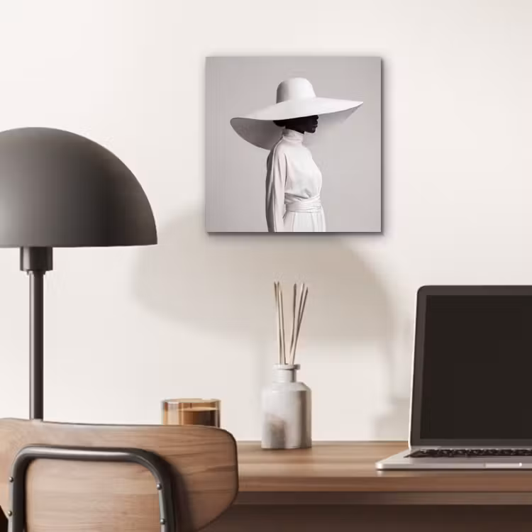 Aluminium schilderij - Vrouw - Profiel - Hoed - Zwart - Wit - Minimalistisch — 6