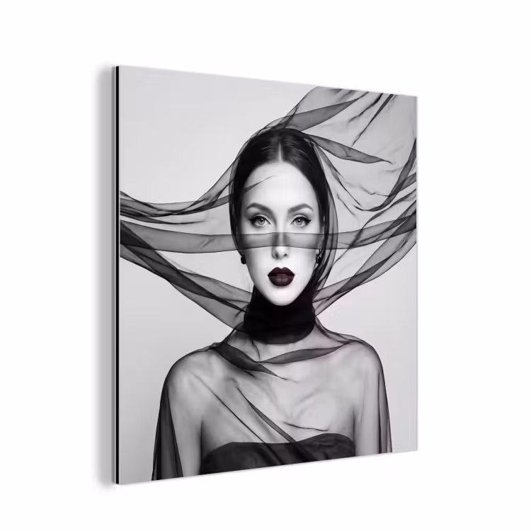 Aluminium schilderij - Vrouw - Sluier - Portret - Zwart - Wit - Elegant — 1