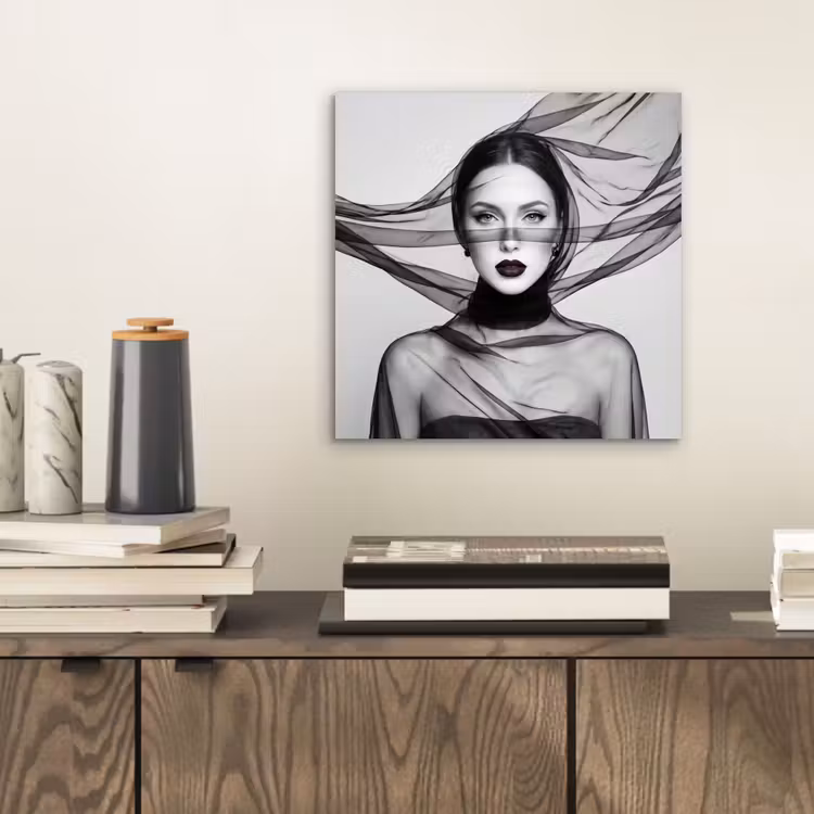 Aluminium schilderij - Vrouw - Sluier - Portret - Zwart - Wit - Elegant — 2