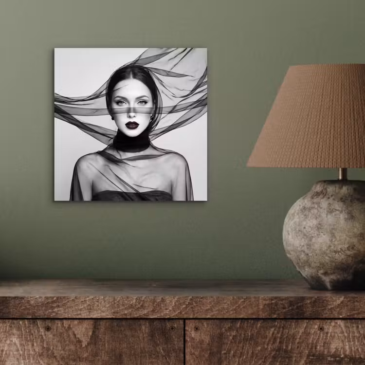 Aluminium schilderij - Vrouw - Sluier - Portret - Zwart - Wit - Elegant — 3