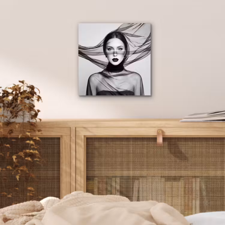 Aluminium schilderij - Vrouw - Sluier - Portret - Zwart - Wit - Elegant — 4