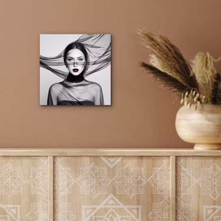 Aluminium schilderij - Vrouw - Sluier - Portret - Zwart - Wit - Elegant — 5