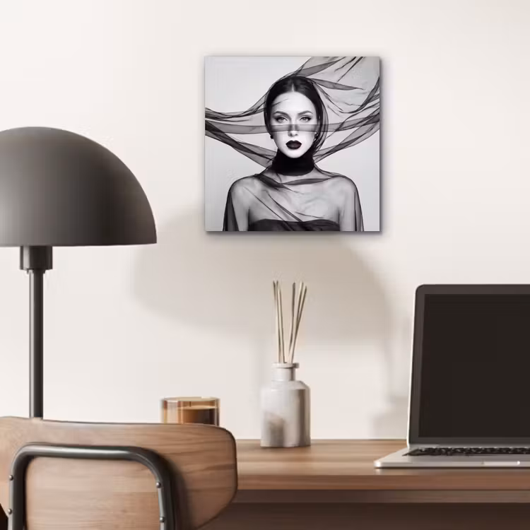 Aluminium schilderij - Vrouw - Sluier - Portret - Zwart - Wit - Elegant — 6