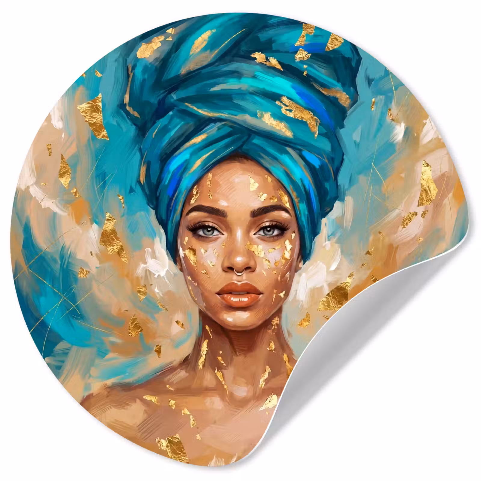 Behangcirkel - Portret - Vrouw - Schilderij - Blauw - Goud - Expressief — 1