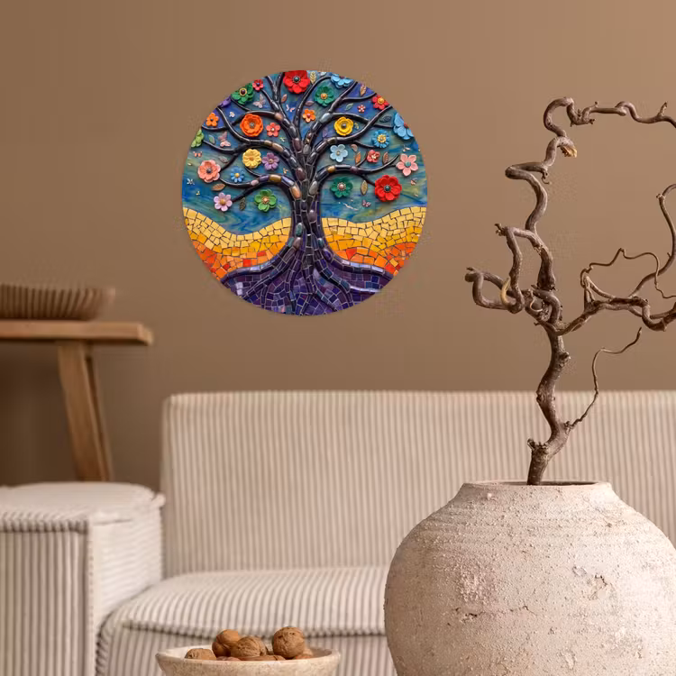 Behangcirkel - Levensboom - Mozaïek - Bloemen - Kleurrijk - Vrolijk — 2
