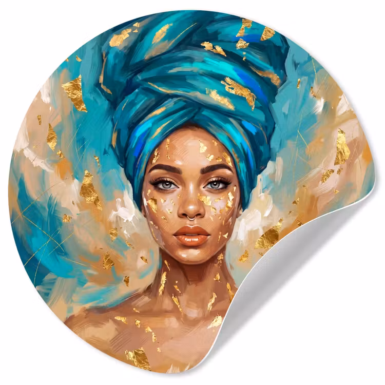 Behangcirkel - Portret - Vrouw - Schilderij - Blauw - Goud - Expressief — 1