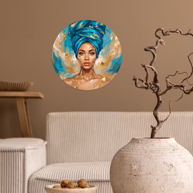 Behangcirkel - Portret - Vrouw - Schilderij - Blauw - Goud - Expressief — 2