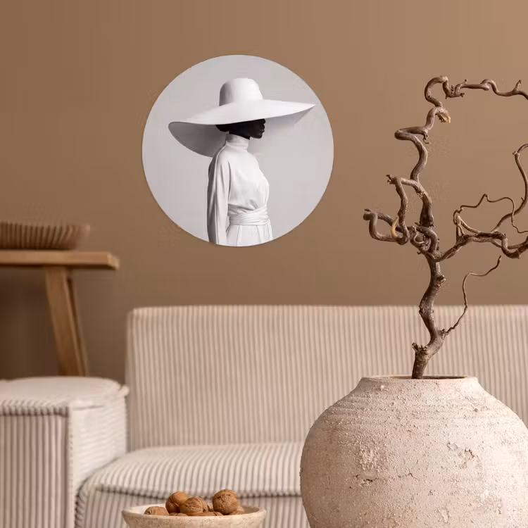 Behangcirkel - Vrouw - Profiel - Hoed - Zwart - Wit - Minimalistisch — 2