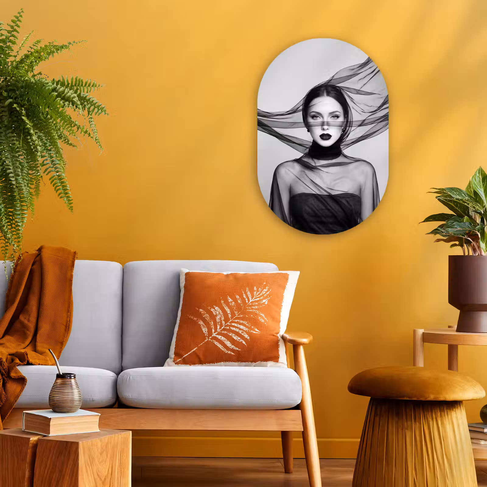 Muurovaal - Kunststof - Vrouw - Sluier - Portret - Zwart - Wit - Elegant — 1