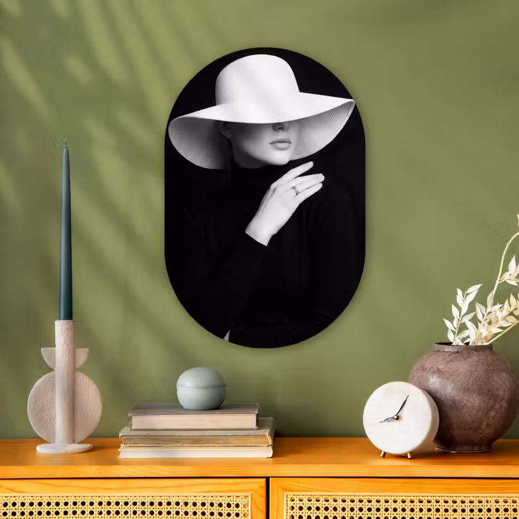 Muurovaal - Kunststof - Vrouw - Hoed - Hand - Zwart - Wit - Klassiek — 2