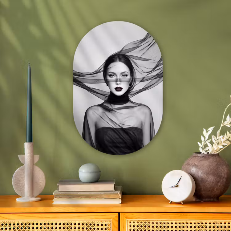 Muurovaal - Kunststof - Vrouw - Sluier - Portret - Zwart - Wit - Elegant — 2