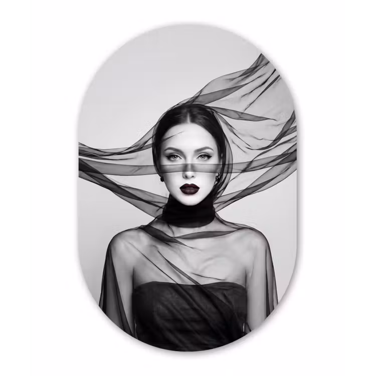 Muurovaal - Kunststof - Vrouw - Sluier - Portret - Zwart - Wit - Elegant — 3