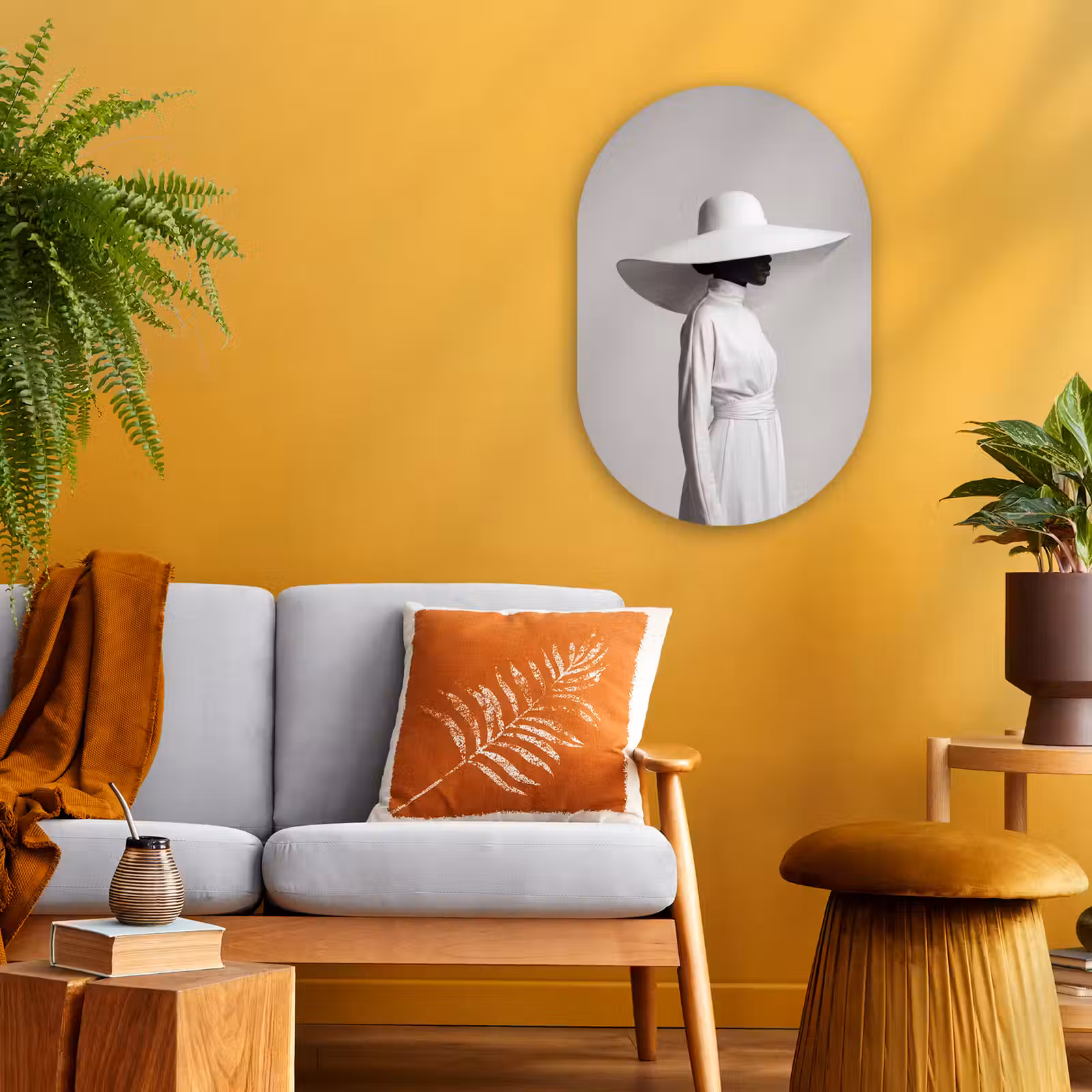 Muurovaal - Kunststof - Vrouw - Profiel - Hoed - Zwart - Wit - Minimalistisch — 1