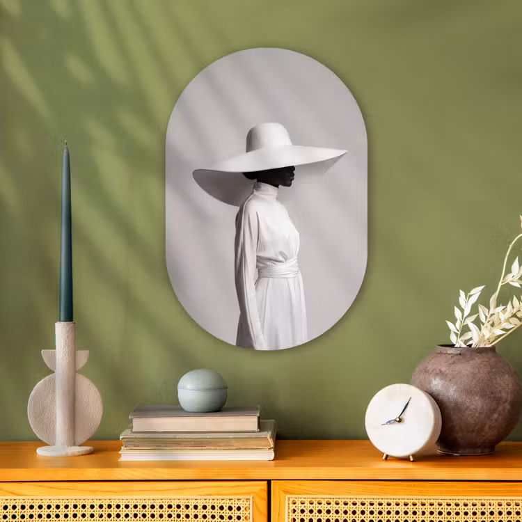 Muurovaal - Kunststof - Vrouw - Profiel - Hoed - Zwart - Wit - Minimalistisch — 2
