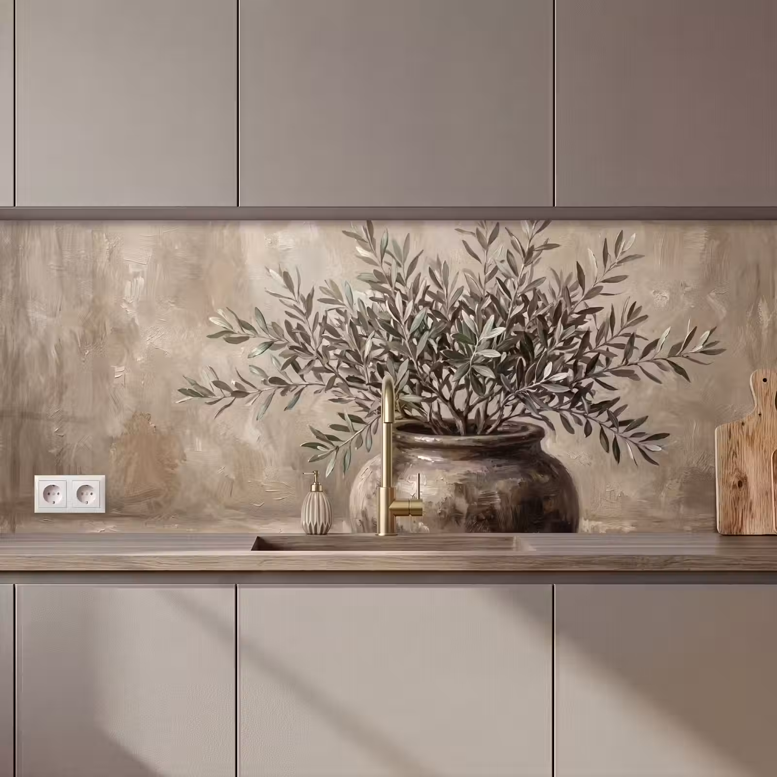 Keuken achterwand - Olijfplant - Aardenpot - Abstract - Beige — 1