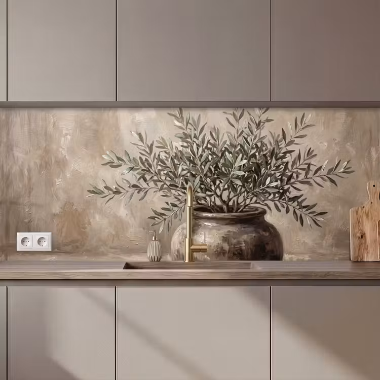 Keuken achterwand - Olijfplant - Aardenpot - Abstract - Beige — 1