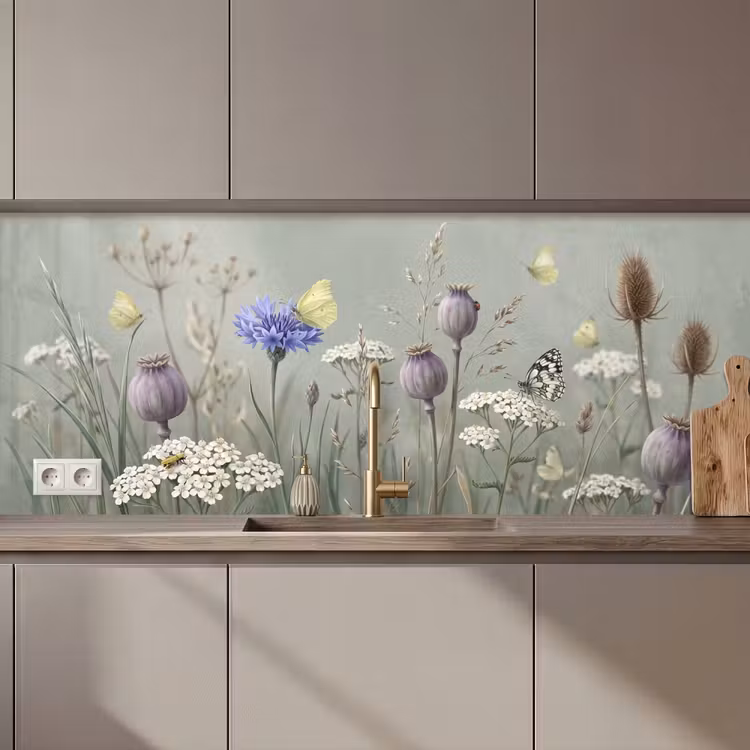 Keuken achterwand - Vlinders - Wildbloemen - Illustratie - Kleurrijk — 1