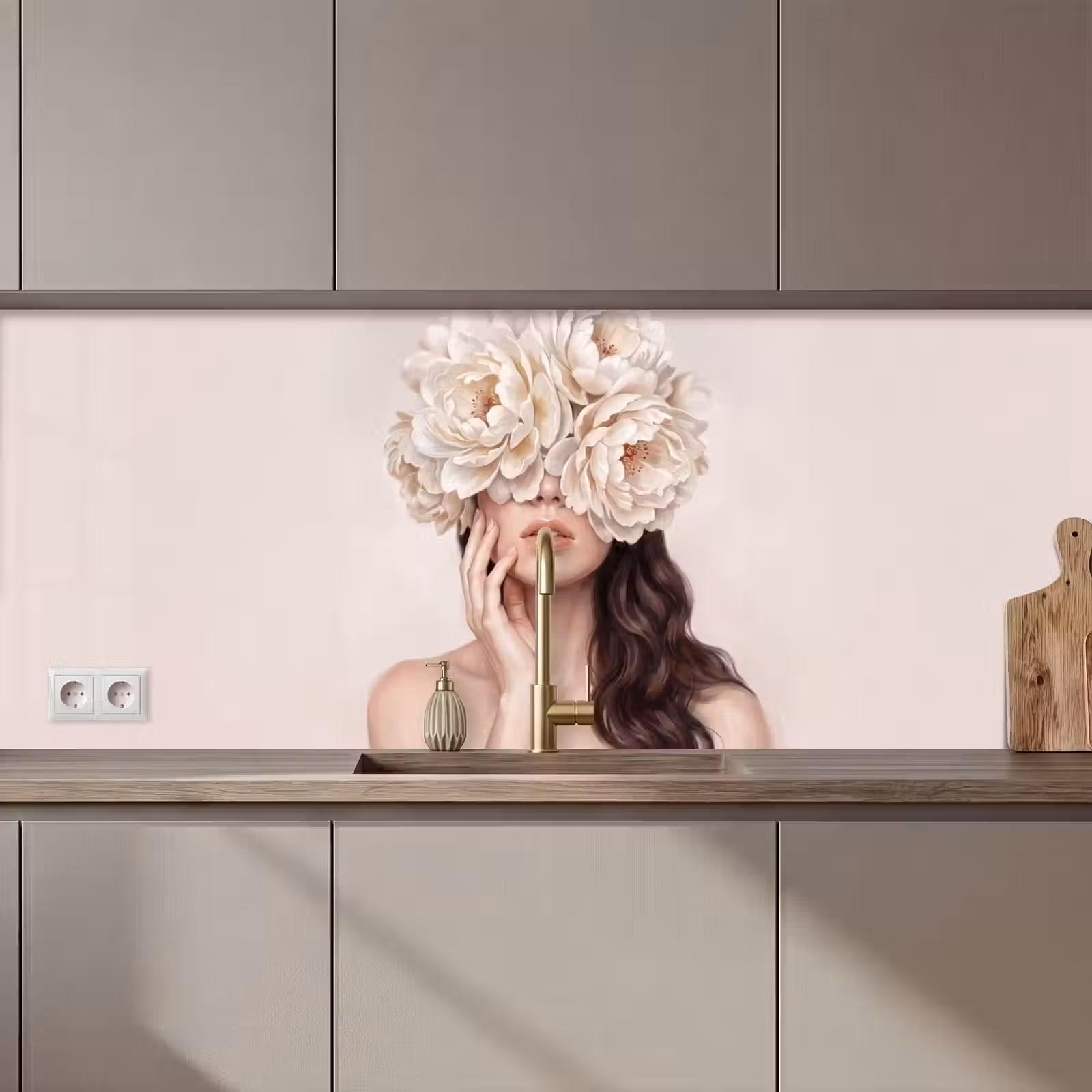 Keuken achterwand - Gezicht - Pioenrozen - Crème — 1