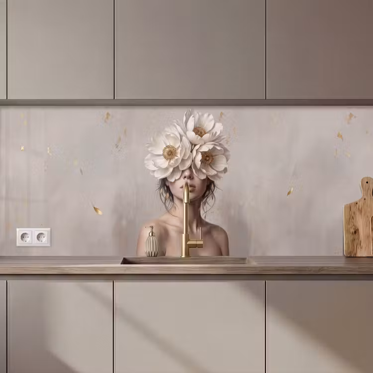 Keuken achterwand - Vrouw - Pioenroos - Wit — 1