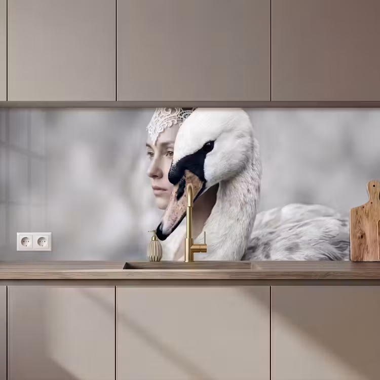 Keuken achterwand - Vrouw - Zwaan - Wit — 1